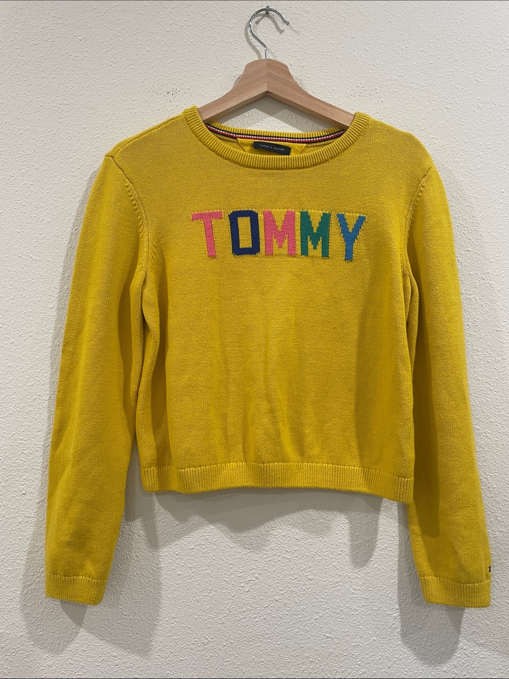 Tommy Hilfiger Mustard Yellow Crewneck Sweater TOMMY Logo 100% Cotton XS Fall
